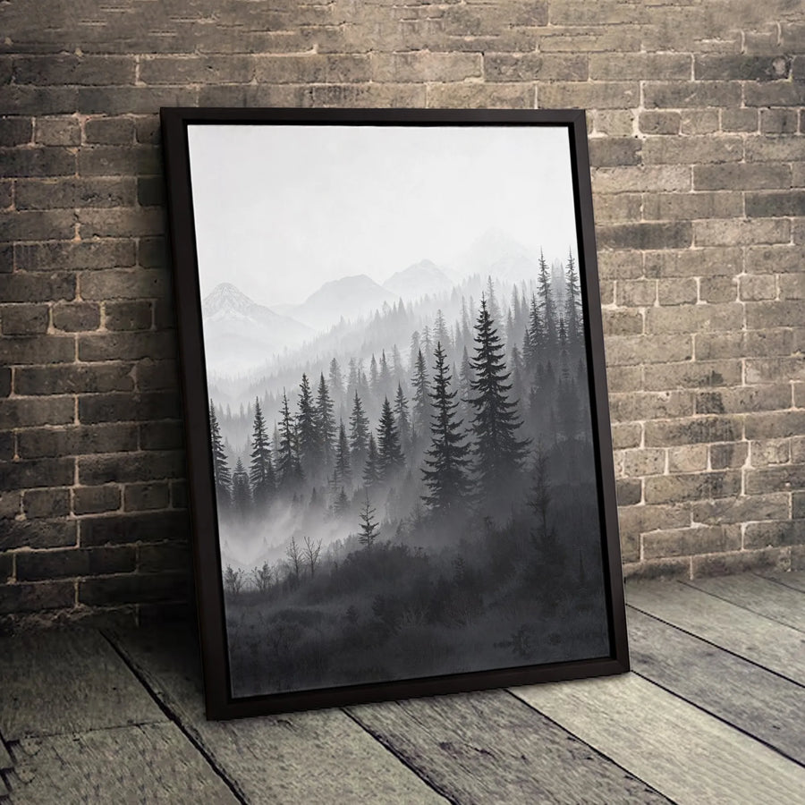 Foggy Pine Forest Canvas Wall Art | Moody Black and White Mountain Landscape | Premium 1.25 inch Gallery Wrap | Modern Home Office Decor