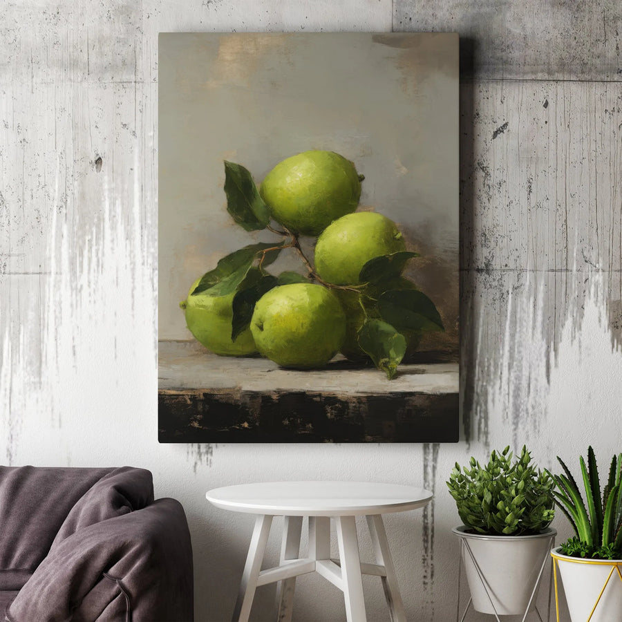 Still Life Green Apple Canvas Wall Art | Rustic Fruit Kitchen Painting | Premium Gallery Wrapped Decor | Farmhouse Home Wall Decor