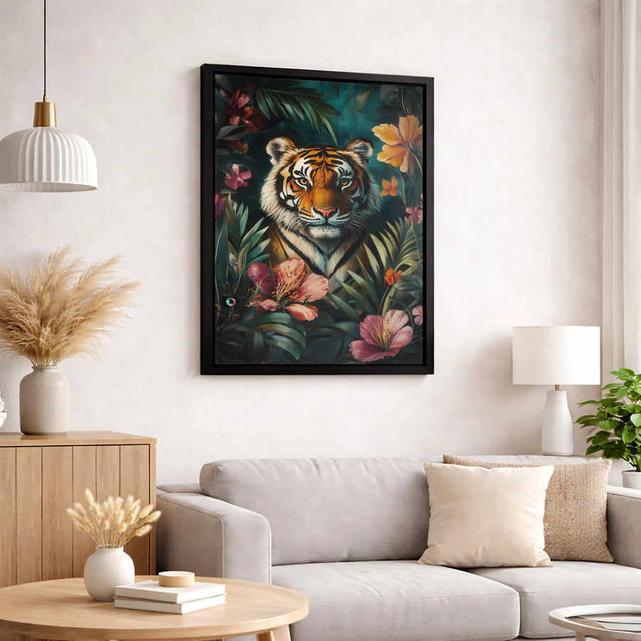 Tiger Canvas Wall Art | Tropical Jungle Floral Painting | Premium Gallery Wrapped Decor | Wildlife Nature Lover Gift