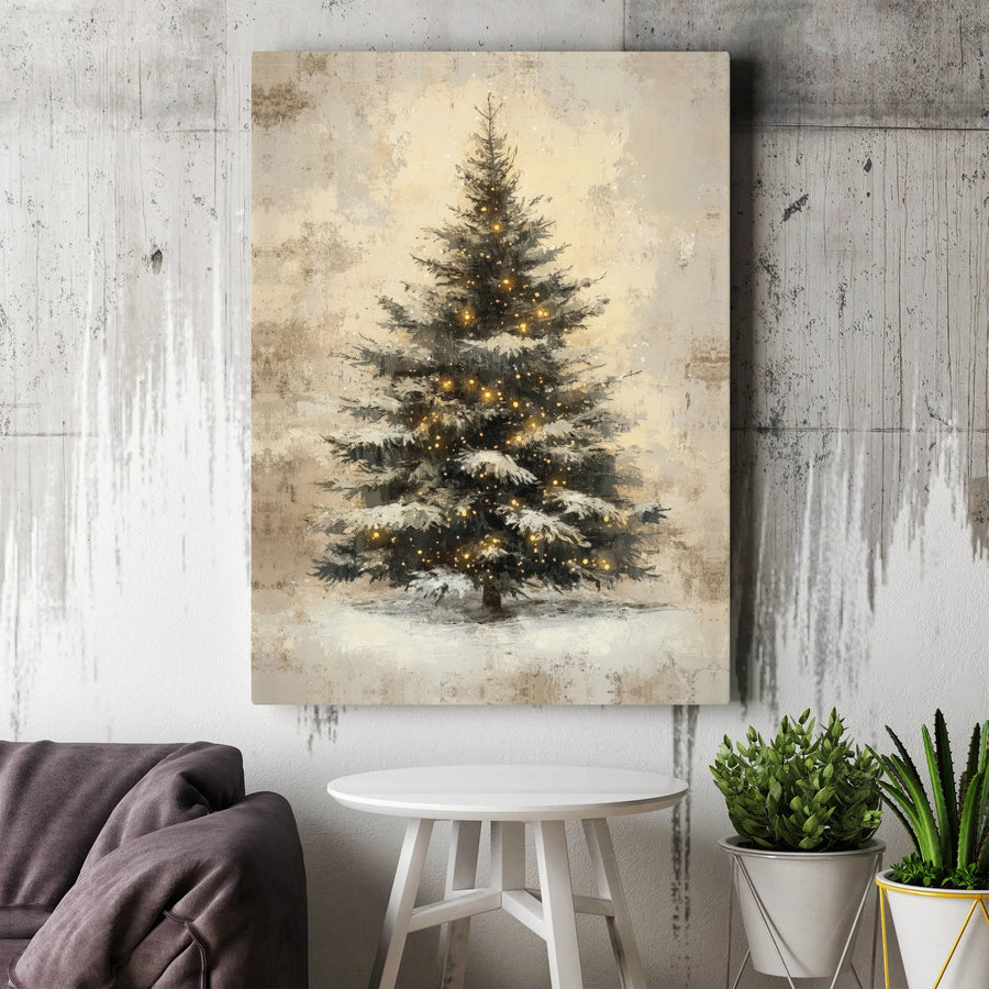 Vintage Snowy Christmas Tree Canvas | Warm Fairy Light Wall Art | Premium 1.25 Inch Gallery Wrap | Festive Holiday Home Decor Gift