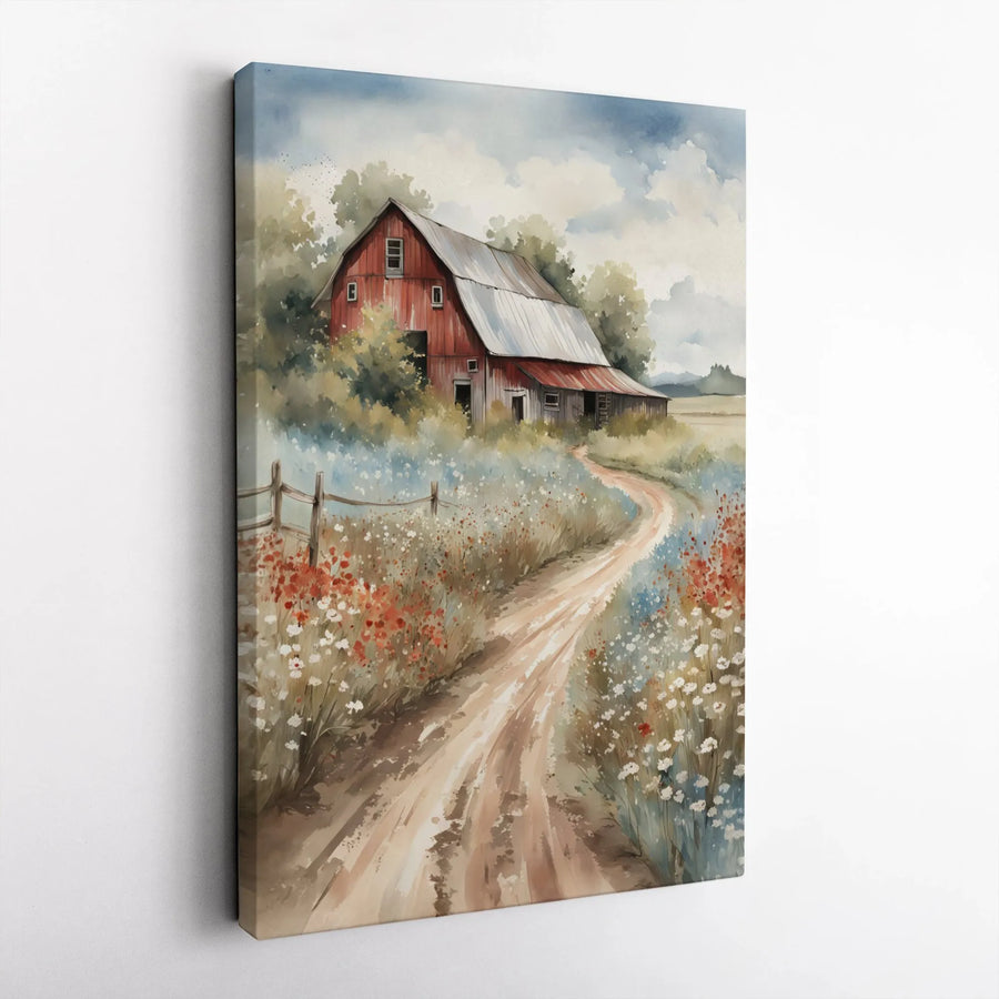 Rustic Red Barn Canvas Wall Art | Watercolor Countryside Painting with Wildflowers | Premium Gallery Wrap Print | Farmhouse Living Room Decor Gift
