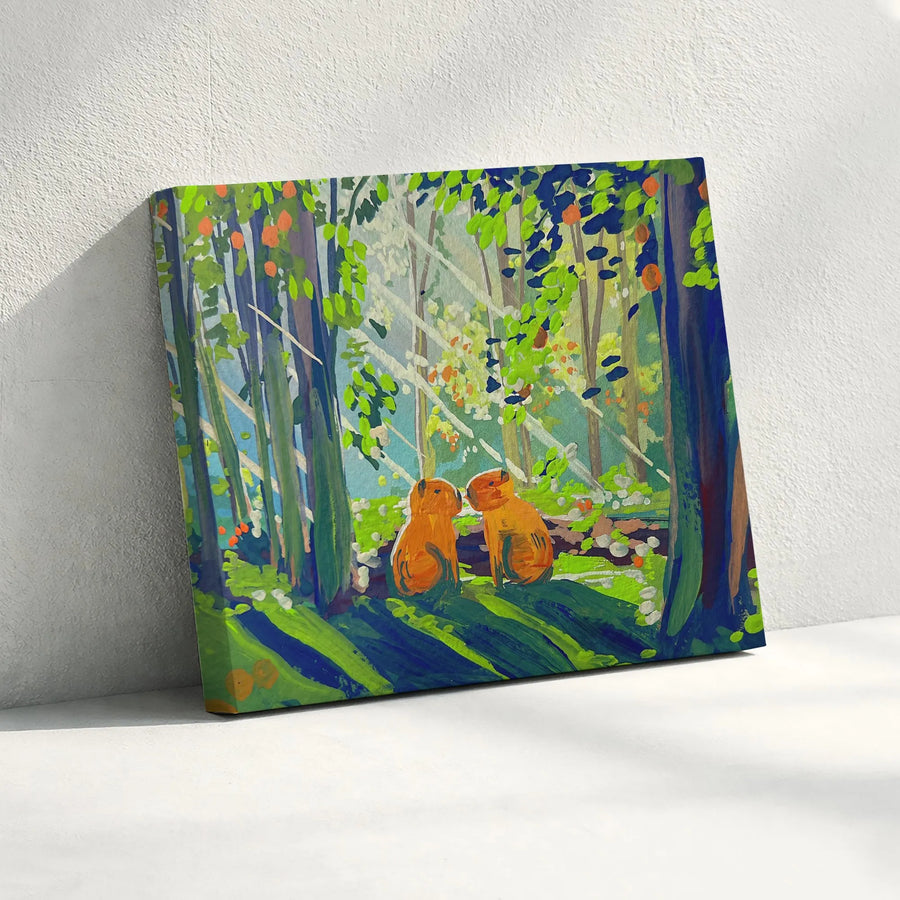 Capybara Couple Canvas Wall Art | Romantic Forest Scene Painting | Premium Gallery Wrapped Print | Anniversary Gift for Animal Lovers