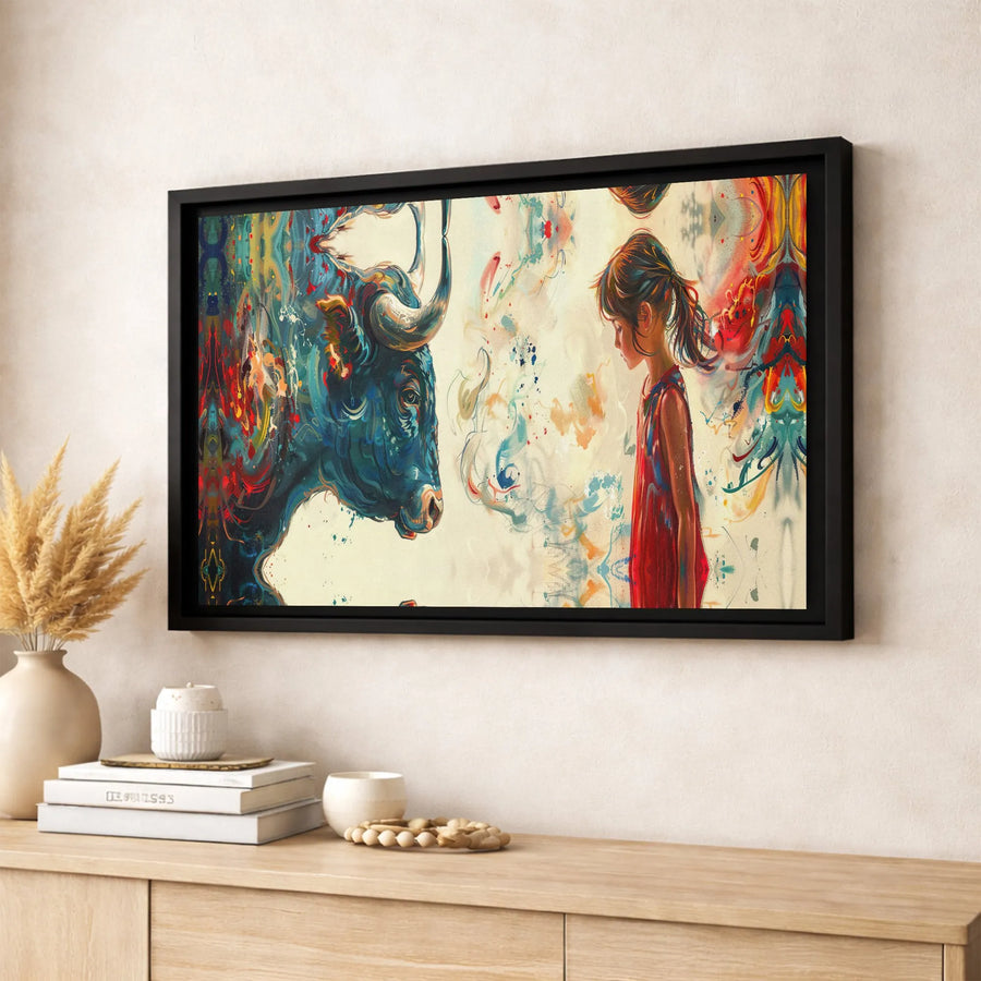 Colorful Bull and Girl Canvas Print | Abstract Surreal Wall Art | Gallery Quality Premium Canvas | Unique Home Decor Gift for Art Lovers