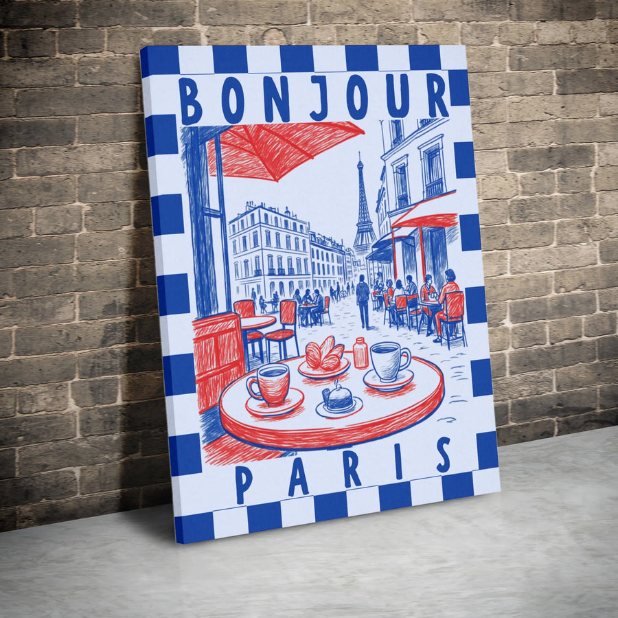 Parisian Cafe Canvas Wall Art | Vintage French Travel Poster Sketch | Premium Stretched Canvas | French Themed Home Decor Gift