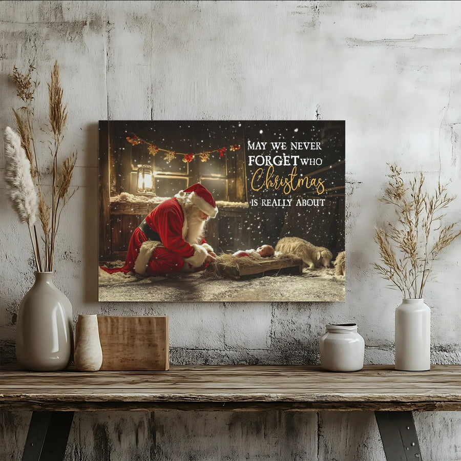 Santa Kneeling at Manger Canvas Print | Religious Christmas Wall Art | Premium Gallery-Wrapped Decor | Faith-Based Holiday Gift for Christian Home