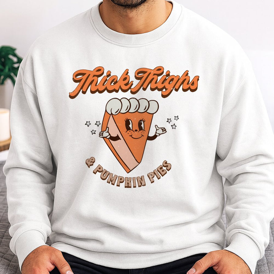 Thick Thighs & Pumpkin Pies Sweatshirt | Retro Thanksgiving Graphic Crewneck | Premium Cotton Blend | Funny Fall Holiday Gift for Women