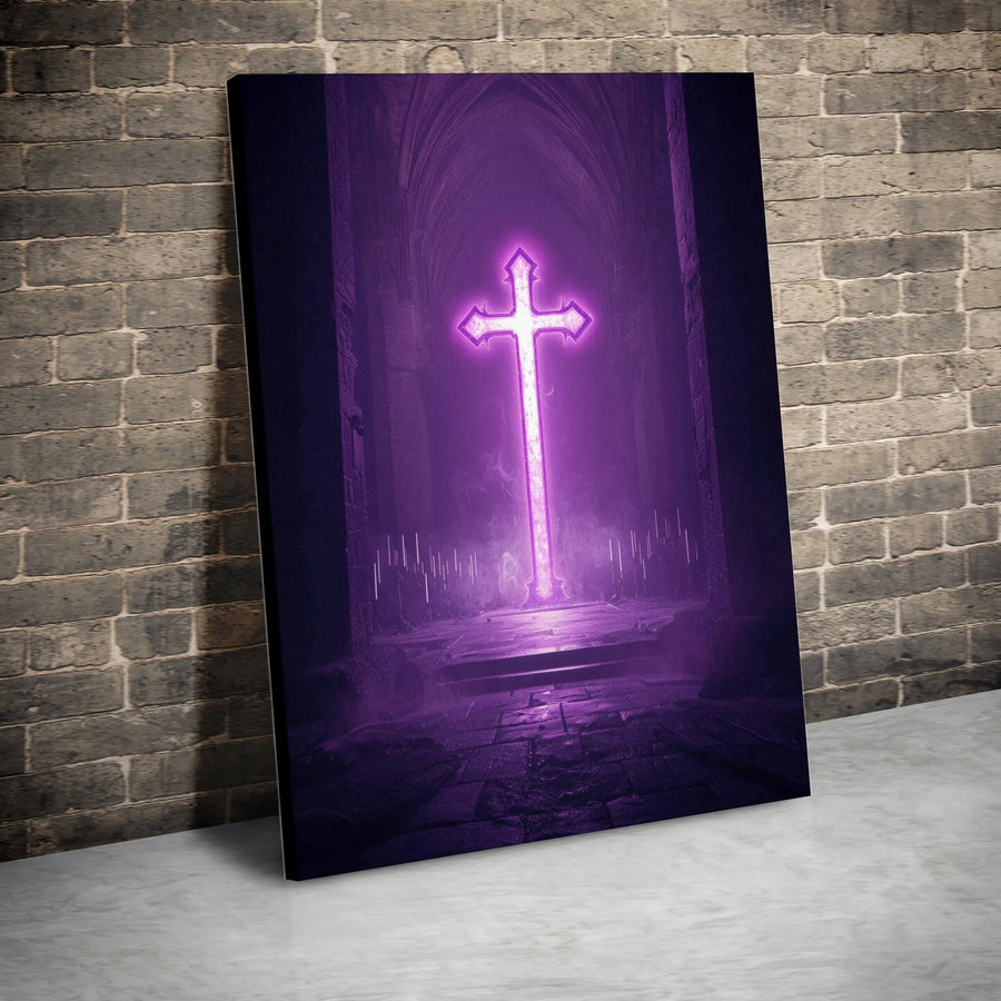 Christian Cross Canvas Wall Art | Purple Neon Light in Gothic Church | Premium Thick Gallery Wrap | Modern Christian Decor Gift