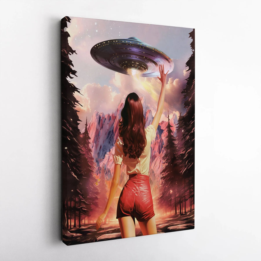UFO Abduction Wall Art | Fantasy Forest Mountain Landscape | Premium Gallery-Wrapped Canvas Print | Surreal Space Decor Gift For Sci-Fi Lovers