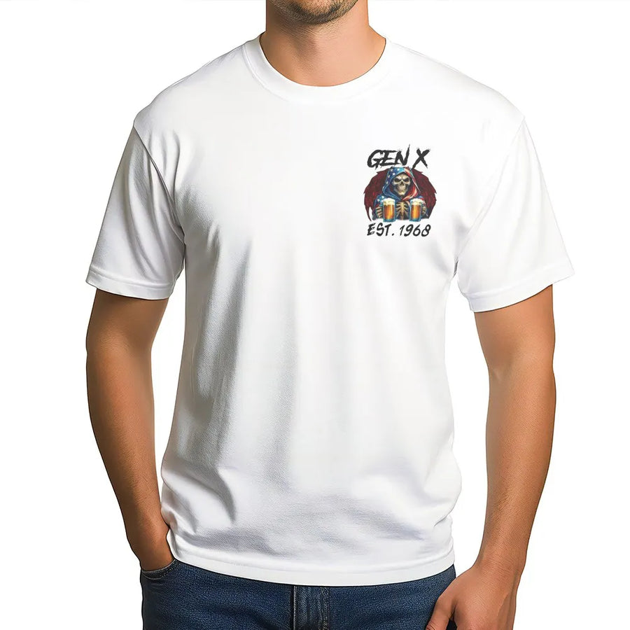 Gen X T-Shirt | Funny Skull Beer Graphic EST. 1968 | Premium Cotton Blend | Nostalgic Birthday Gift for Men & Women