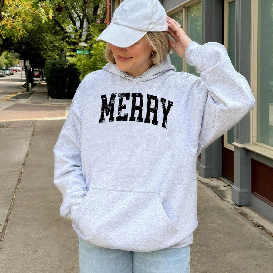 Merry Christmas Hoodie | Distressed Varsity Text Graphic | Soft Cotton-Blend Premium Apparel | Festive Holiday Gift For Men And Women