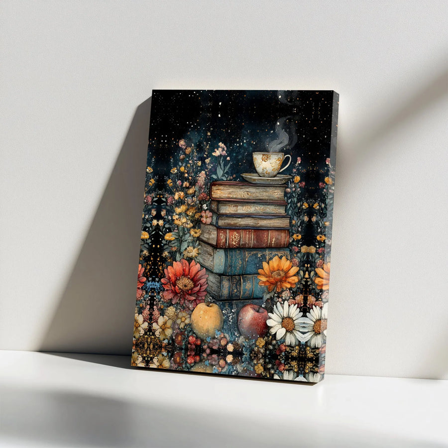 Books And Tea Canvas Print | Moody Botanical Library Wall Art | Premium Gallery Wrap Decor | Gift For Readers And Book Lovers