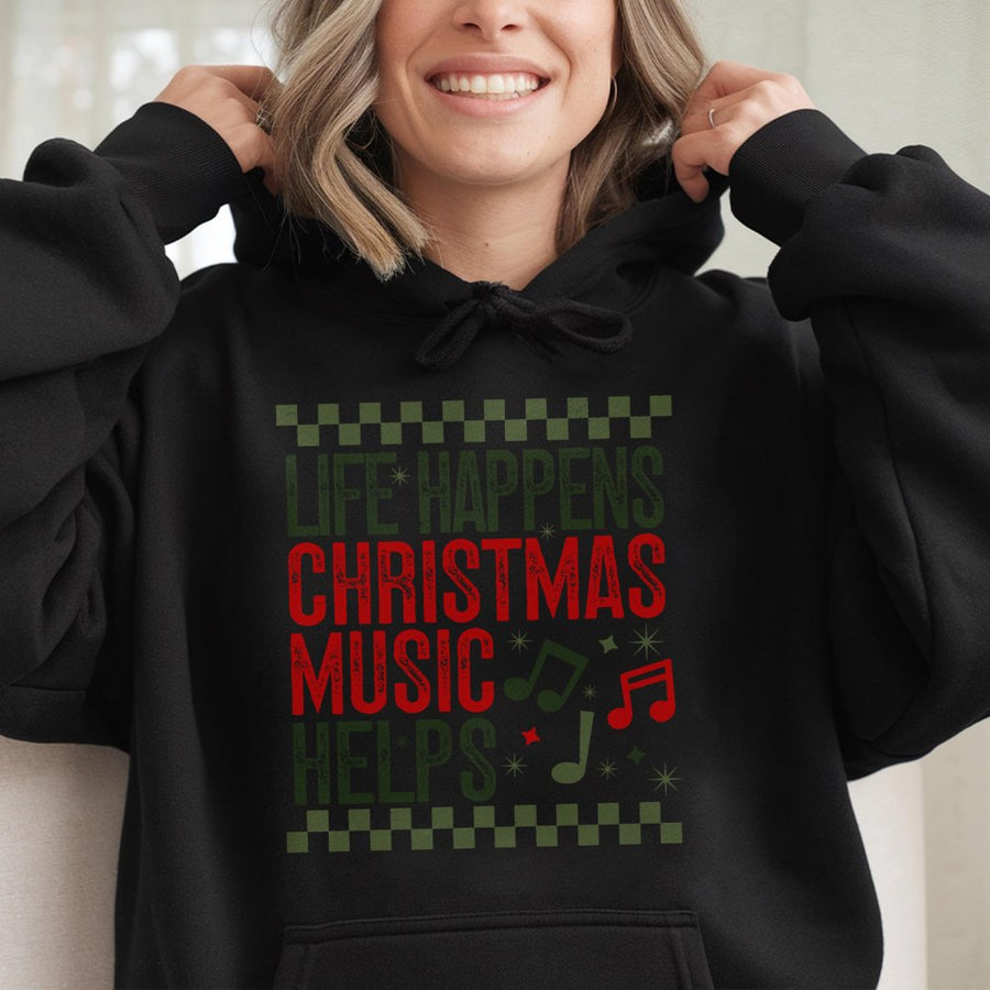 Life Happens Christmas Music Helps Hoodie | Retro Festive Graphic Print | Premium Cotton-Blend Comfort | Cute Holiday Gift For Music Lovers