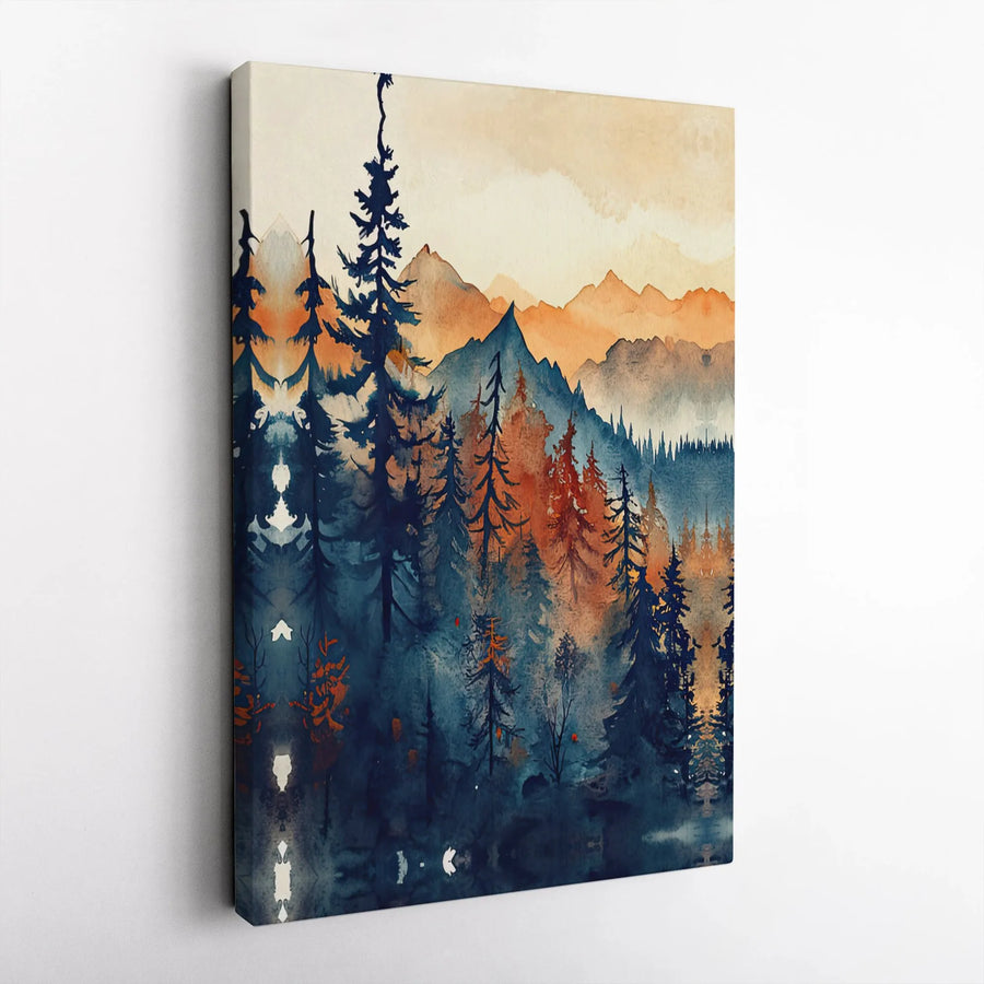 Watercolor Mountain Forest Canvas | Teal and Orange Pine Trees Wall Art | Premium 1.25 Inch Gallery Wrap | Modern Nature Landscape Gift
