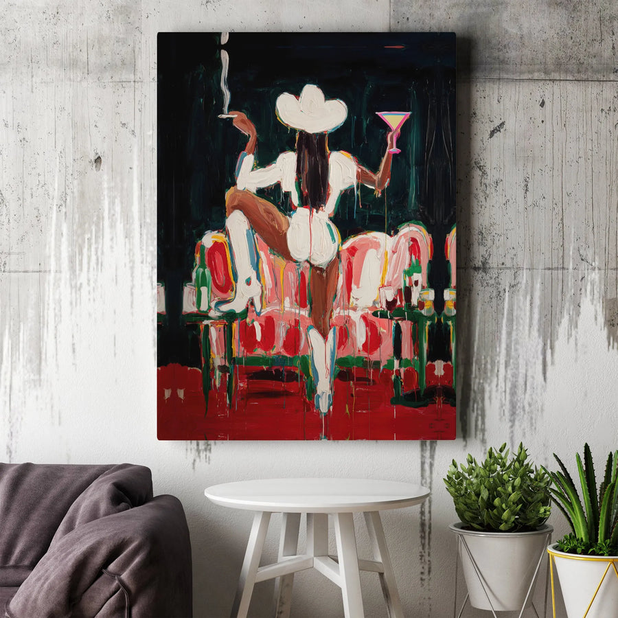 Cowgirl Wall Art Canvas Print | Abstract Smoking Woman with Cocktail | Premium Gallery Wrapped Canvas | Modern Western Home Decor Gift
