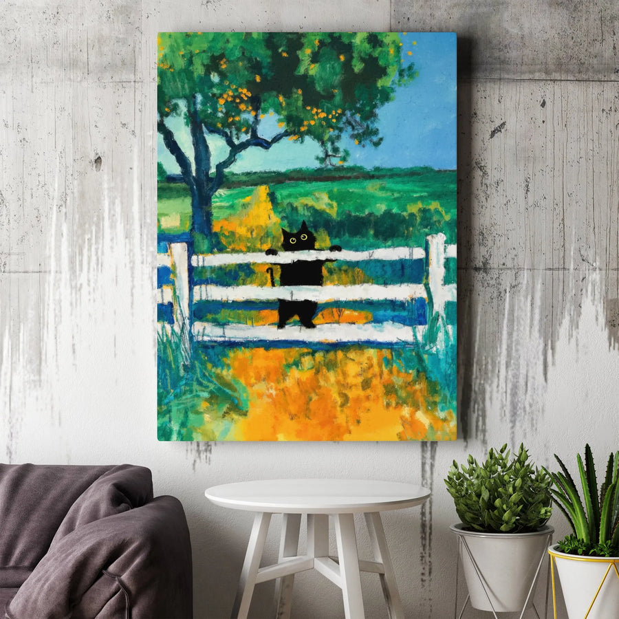 Black Cat Wall Art | Whimsical Farmhouse Fence Painting | Premium Stretched Gallery Wrap Canvas | Gift for Cat Lovers & Country Decor Enthusiasts