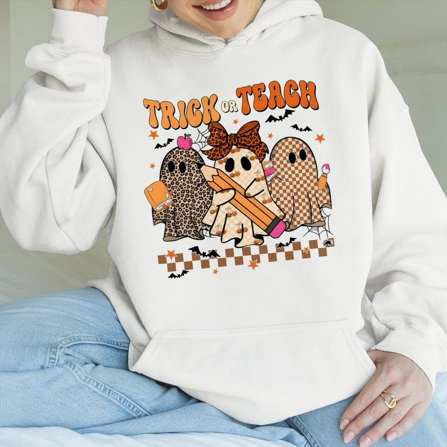 Trick Or Teach Hoodie | Cute Leopard Ghost Teacher Halloween Graphic | Premium Cotton Blend | Gift For Teachers & Educators