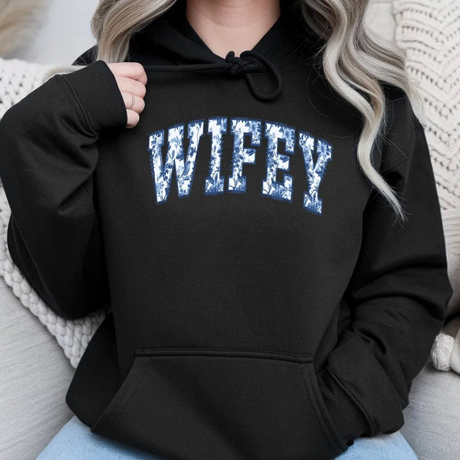 Blue Toile Wifey Hoodie | Vintage Floral Collegiate Lettering | Cozy Cotton Blend Pullover | Bridal Shower Gift for Bride