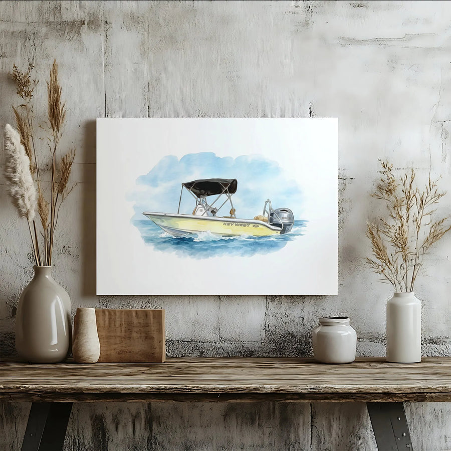 Key West Boat Wall Art | Yellow Center Console Watercolor Print | Premium Gallery Canvas | Nautical Home Decor Gift for Boaters