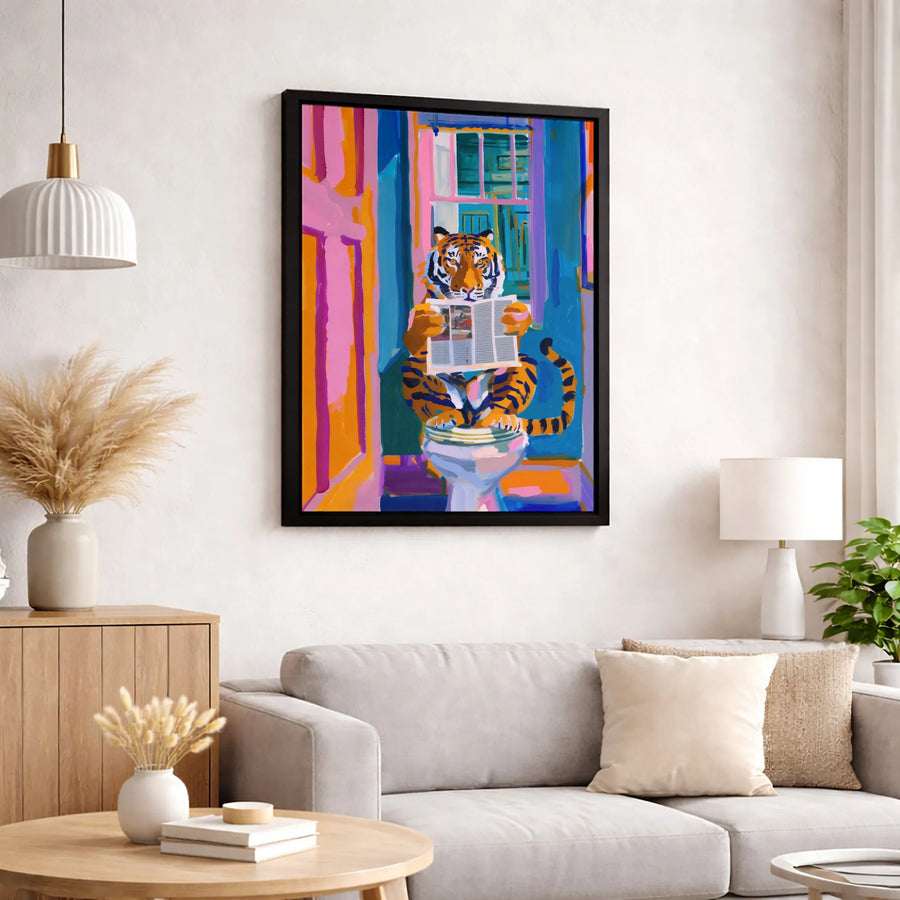 Tiger Reading Newspaper Canvas Art | Funny Bathroom Wall Decor | Premium 1.25" Gallery Wrap | Whimsical Animal Home Gift