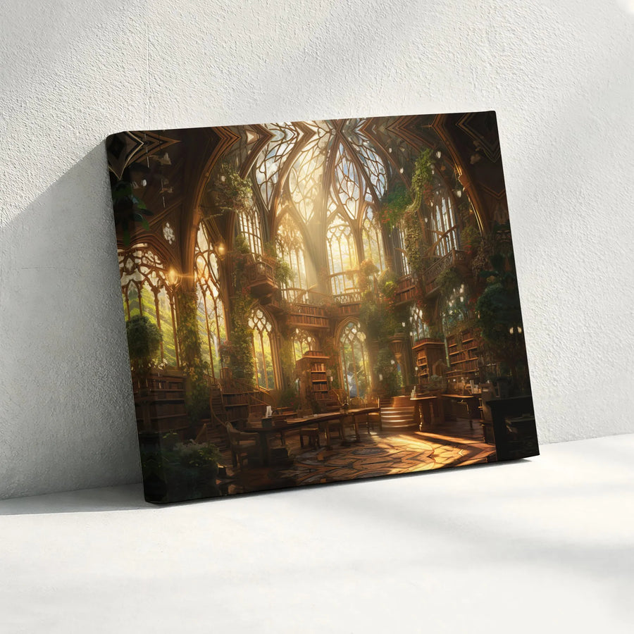 Enchanted Library Canvas Wall Art | Sunlit Magical Athenaeum Illustration | Premium Gallery Wrap Print | Book Lover Fantasy Reader Gift