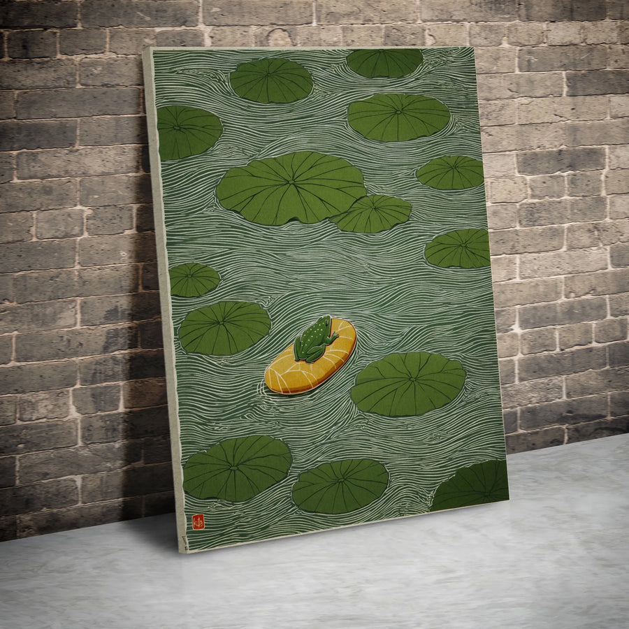Japanese Frog Vertical Canvas | Ukiyo-e Style Frog on Lily Pad Art | Premium Gallery Canvas | Minimalist Zen Home Decor Gift