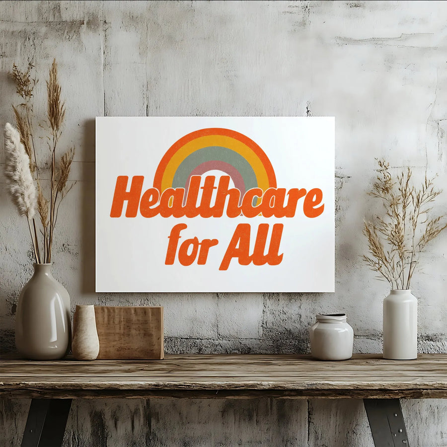 Healthcare For All Wall Art | Retro Rainbow Typography Print | Premium Gallery Wrapped Canvas | Social Justice Decor For Office Or Home