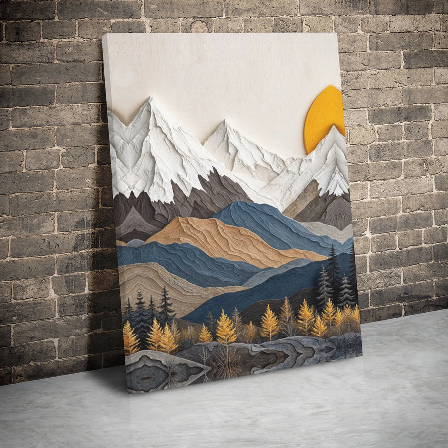 Mountain Landscape Canvas Wall Art | Layered Snow Peaks Sunset Print | Premium 1.25 Inch Gallery Wrap | Modern Home Office Decor Gift