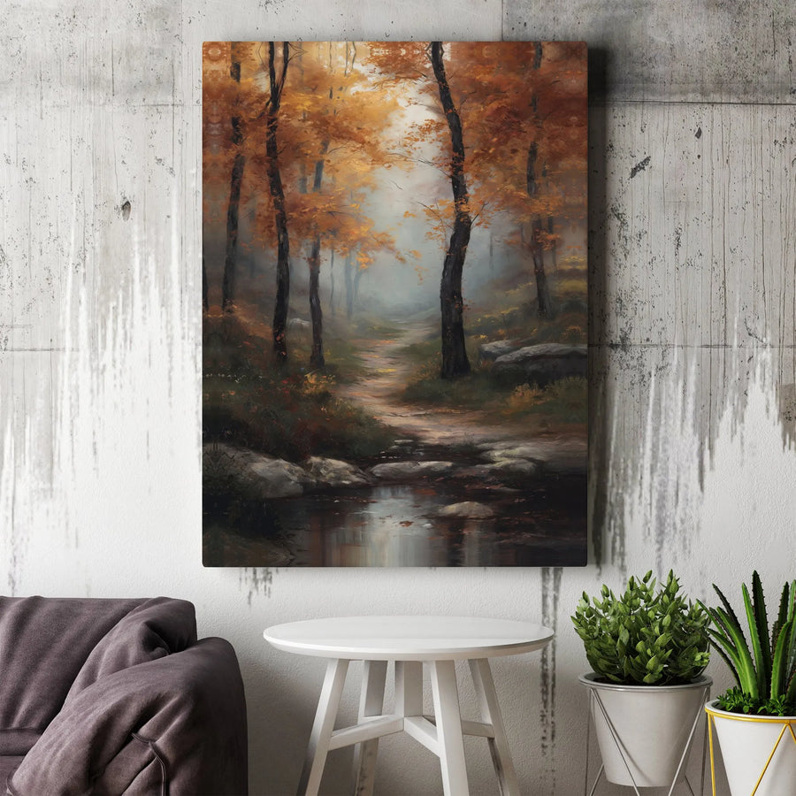 Autumn Forest Canvas Wall Art | Misty Woods Path Painting Print | Premium Gallery Wrapped Canvas | Rustic Home Decor Gift
