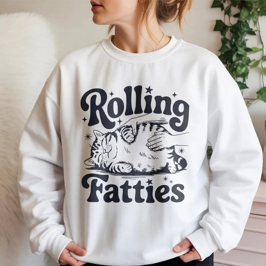 Rolling Fatties Cat Sweatshirt | Retro Funny Chubby Kitty Graphic | Premium Unisex Fleece Pullover | Cute Pet Lover Gift Idea