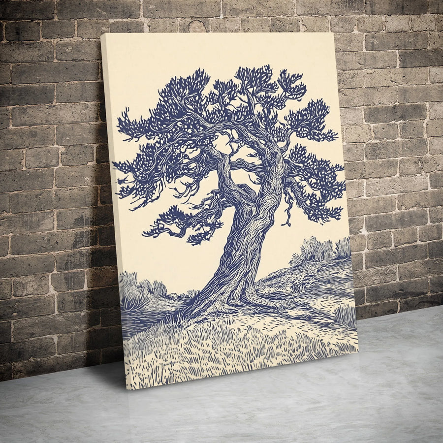 Gnarled Tree Canvas Wall Art | Rustic Woodcut Style Nature Illustration | Premium Gallery Wrapped Print | Minimalist Living Room Home Decor
