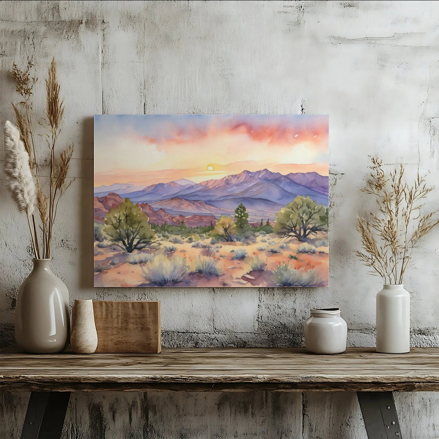 Desert Landscape Canvas Print | Watercolor Sunset Mountains Art | Premium 1.25 Inch Gallery Wrap | Southwestern Home Decor Wall Art