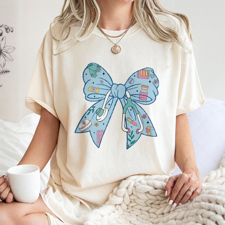 Nurse Coquette Bow T-Shirt | Medical Stethoscope Aesthetic Graphic | 100% Cotton Premium Tee | Cute Nurse Graduation Gift For Her