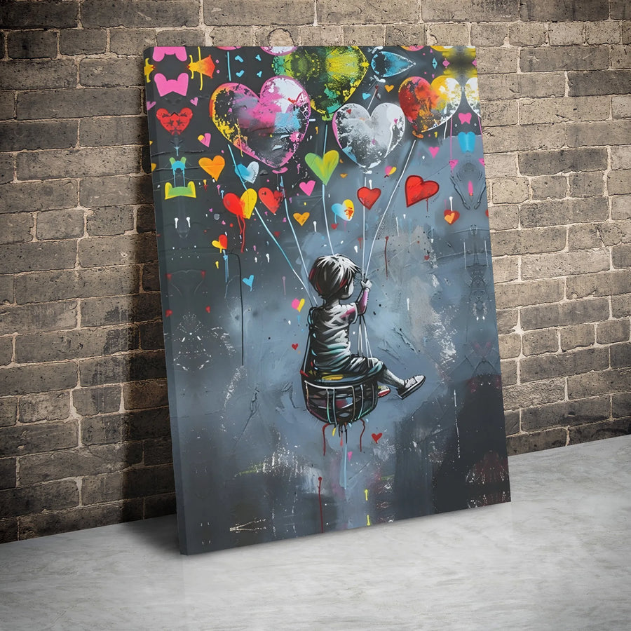 Graffiti Street Art Canvas | Boy Floating with Colorful Heart Balloons | Premium Gallery Wrap 1.25 inch | Modern Home Wall Decor Gift
