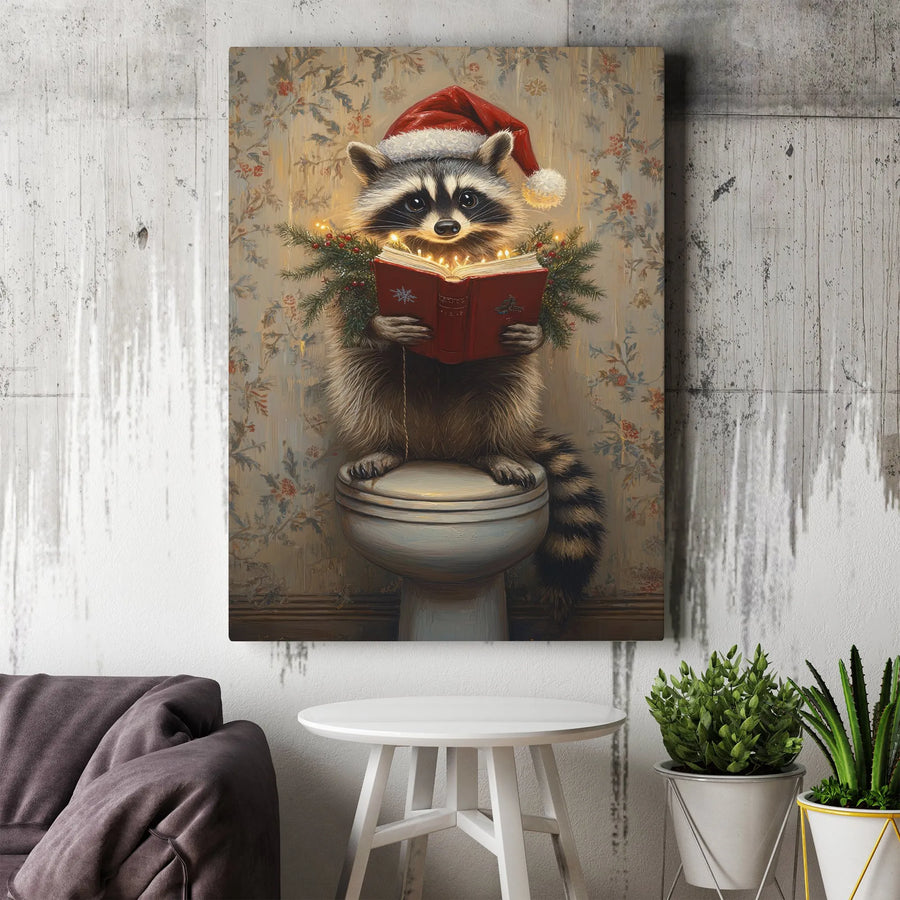 Christmas Raccoon Wall Art | Funny Toilet Reader Canvas Print | Premium Gallery Wrap Decor | Quirky Holiday Bathroom Gift for Animal Lovers