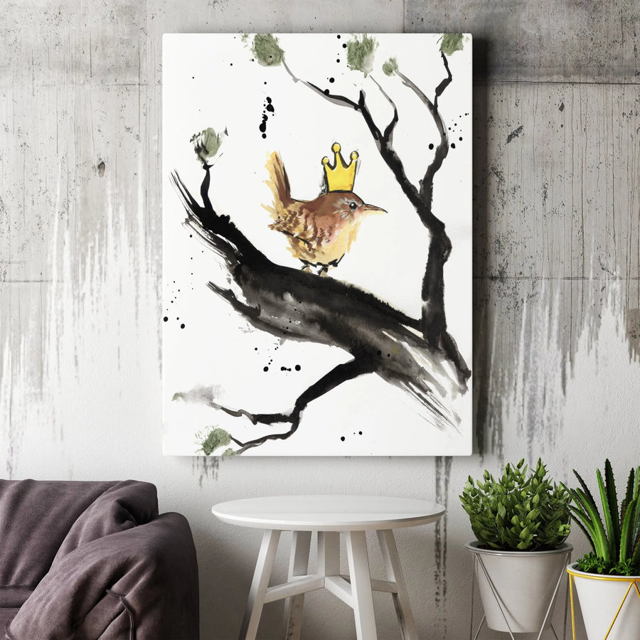 Crowned Bird Canvas Print | Whimsical Watercolor Ink Wash Wall Art | Premium Gallery-Wrapped 1.25" Profile | Charming Nature Decor Gift