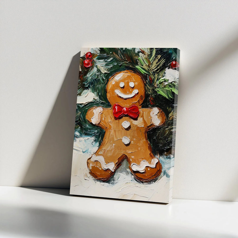 Gingerbread Man Christmas Canvas Art | Textured Impasto Oil Painting Style | Premium Gallery Wrap Wall Decor | Festive Holiday Gift for Home