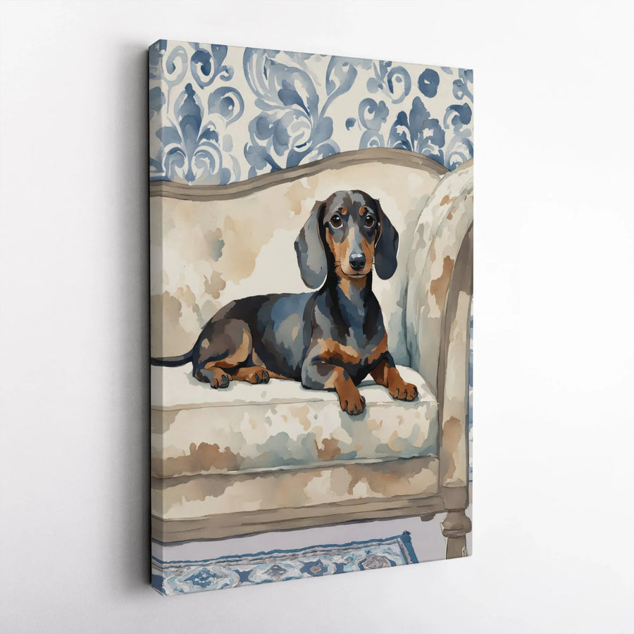 Dachshund Canvas Wall Art | Watercolor Dog On Sofa Print | Premium 1.25 Inch Gallery Wrap | Gift For Dog Lovers