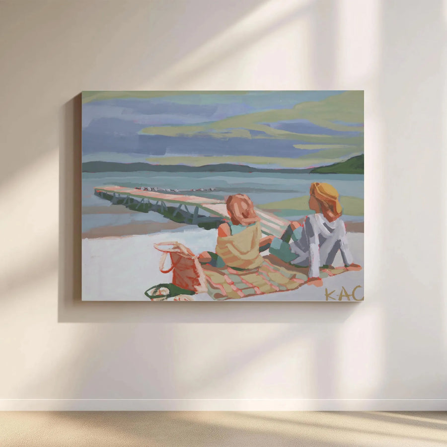 Coastal Landscape Canvas Wall Art | Impressionist Painting Print of Women on Beach | Premium Thick Gallery Wrap Canvas | Beach House Decor Gift