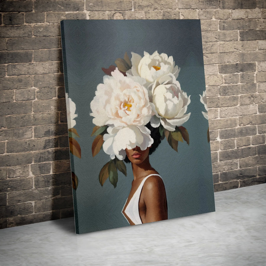 Black Woman Portrait Canvas Art | White Peony Floral Headpiece | Premium 1.25" Gallery Wrap | Elegant Botanical Home Decor Gift