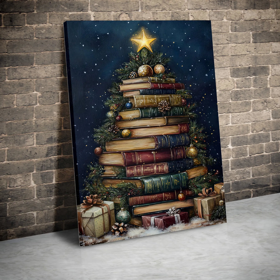 Christmas Tree Made Of Books Canvas Print | Vintage Library Holiday Wall Art | Premium Gallery Wrapped Decor | Book Lover Christmas Gift