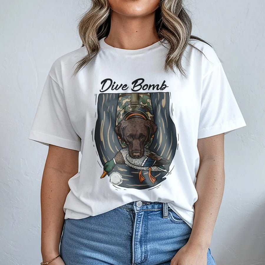 Chocolate Lab Hunting T-Shirt | Duck Retriever Dive Bomb Graphic | Premium 100% Cotton Tee | Gift for Waterfowl Hunters