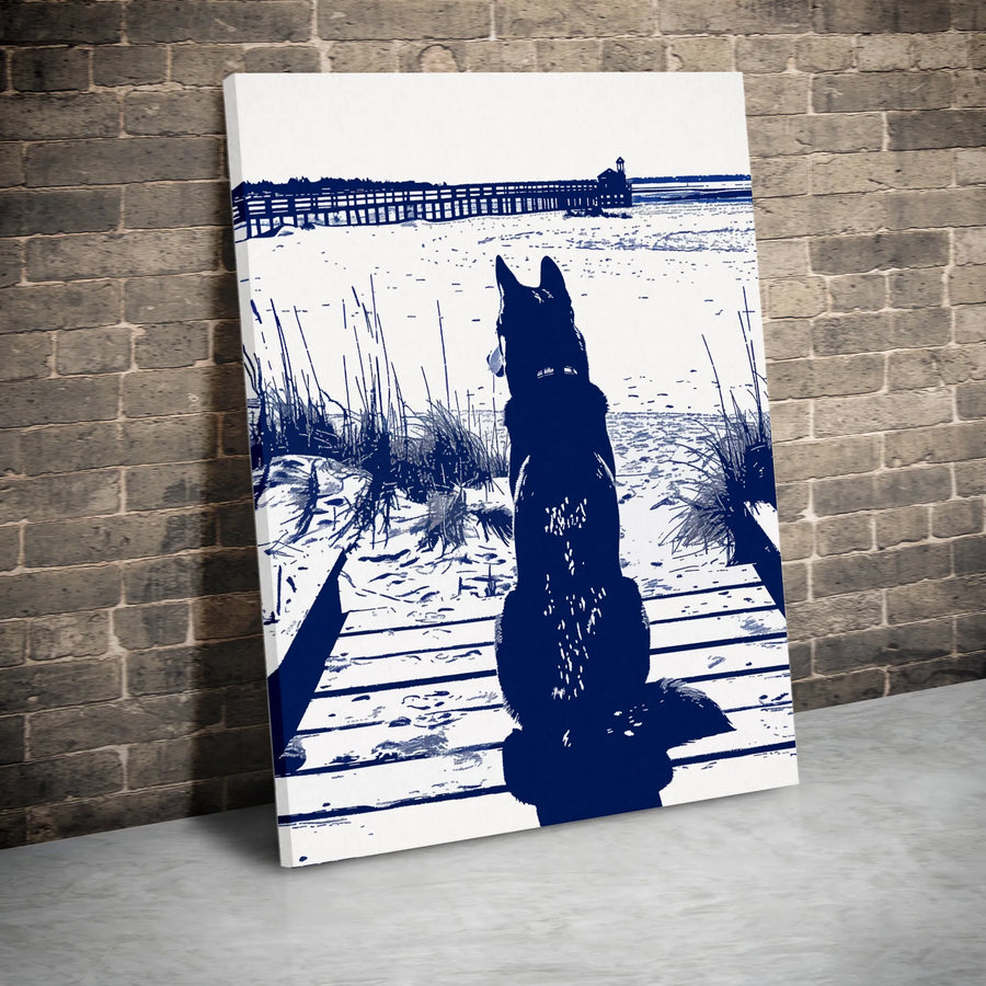 Dog on Beach Canvas Wall Art | Minimalist Coastal Dog Silhouette | Premium Thick Gallery Wrap | Nautical Home Decor Gift for Dog Lover