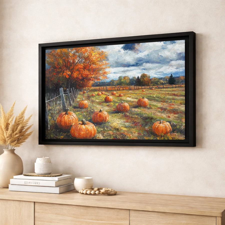 Autumn Pumpkin Patch Wall Art | Impressionist Country Landscape Print | Premium 1.25-Inch Thick Gallery Canvas | Seasonal Farmhouse Home Decor Gift