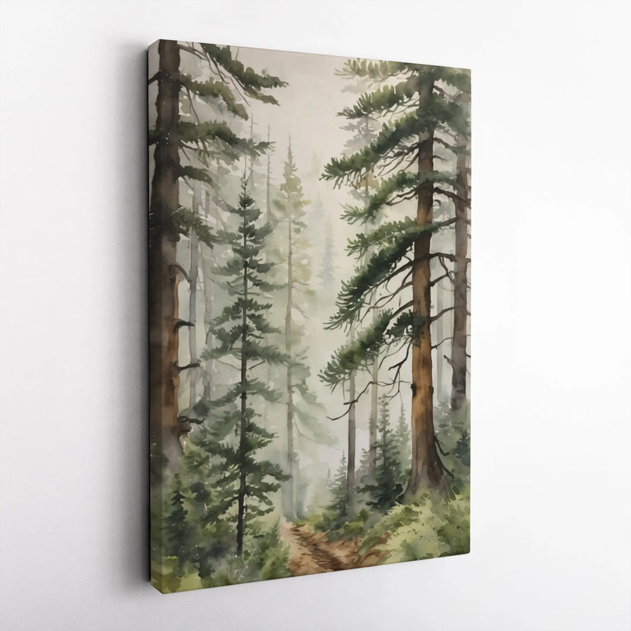 Foggy Pine Forest Canvas Wall Art | Misty Woodland Watercolor Print | Premium Gallery Wrapped Decor | Nature Lover Gift for Home Office