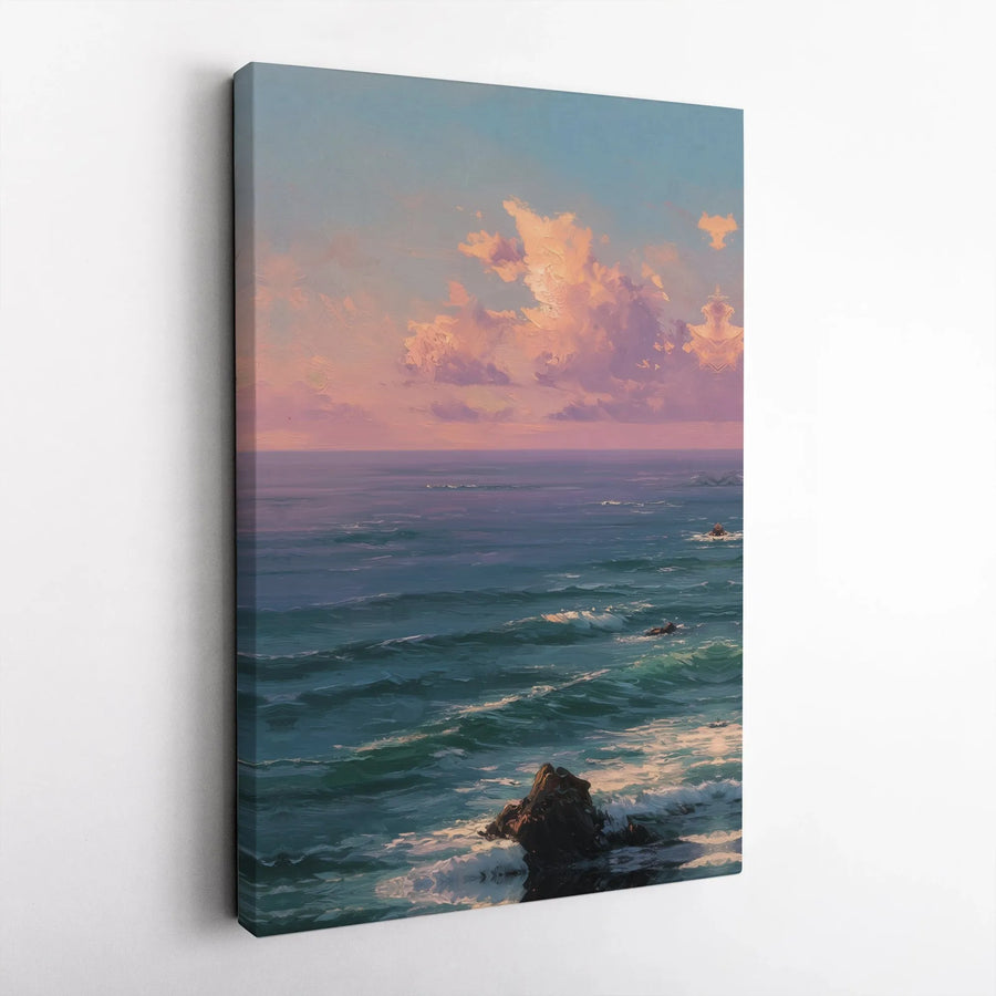 Coastal Seascape Canvas Wall Art | Pink Sunset Ocean Waves Print | Gallery-Wrapped Premium Decor | Calming Beach House Gift