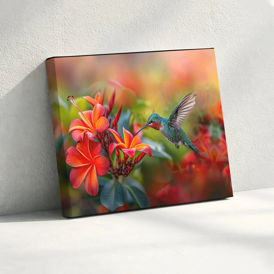 Hummingbird and Flower Canvas Wall Art | Vibrant Tropical Plumeria Scene | Premium Gallery Wrapped Canvas | Nature Lover Gift for Home Decor