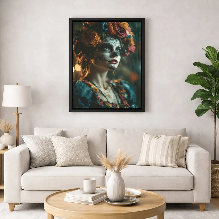 Day of the Dead Canvas Print | Sugar Skull Woman Floral Headdress Wall Art | Premium 1.25" Thick Gallery Wrap | Gothic Home Decor Gift