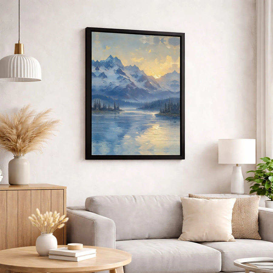 Mountain Lake Canvas Print | Snowy Peak Landscape Oil Painting Style | Premium Gallery Wrap Wall Art | Nature Home Decor Gift for Office