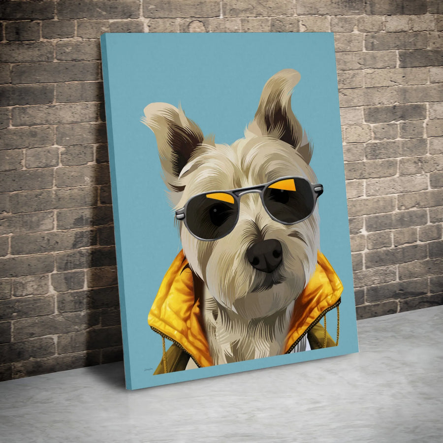 Cool Terrier Dog Canvas Print | Trendy Pup with Sunglasses and Yellow Vest | Premium Gallery-Wrapped Wall Art | Modern Home Decor Gift for Dog Lovers