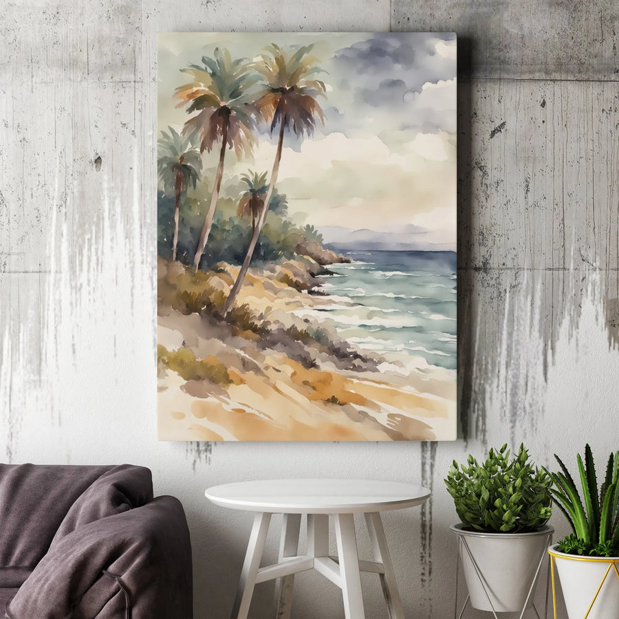 Tropical Beach Canvas Wall Art | Watercolor Palm Tree Seascape | Premium 1.25" Thick Gallery Wrap | Coastal Home Decor Gift